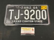 Vintage 1964 Arizona State License Plate, Black w/ White Lettering