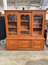 Large 2pc Mid Century Hand Carved Teak Display Hutch w/ Sliding wood doors - See pics