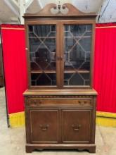 Vintage 2-Piece Wooden China Cabinet w/ Glass Fronted Cupboard, Drawer & Sweet Details. See pics.