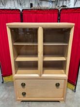 Vintage Pine Glass Fronted Display Cabinet w/ 2 Adjustable Shelves, 2 Drawers & Brass Knobs. See