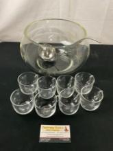 Large Vintage Cut Glass Punch Bowl w/ 8 Hand Blown Cups, and Ladle