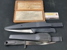 Pair of Filet Knives in Sheaths incl. Normark Stainless Sweden & Vintage Whetstone in Wooden Case