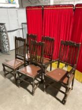 5 pcs Vintage Wooden Dining Chairs w/ Dark Walnut Finish & Ornately Carved Backs. See pics.