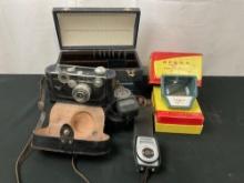 1940s Argus C3 Rangefinder Camera, Argus Pre-Viewer in original box, light meters, 2x slide boxes