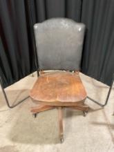 Antique Leather Back Wooden Swivel Office Chair - See pics