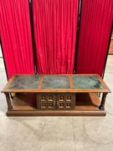 Vintage Green Marble Topped Low Teak Coffee Table w/ Cupboard & 2 Paneled Doors. See pics.