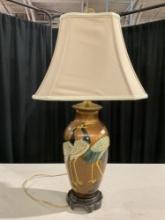 Vintage Asian Inspired Ceramic Table Lamp w/ Painted Cranes & Fabric Shade. Tested, Works. See pi...