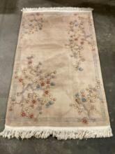 Vintage Ethan Allen Pale Pink Woven Wool Floor Rug w/ Asian Floral Design. Measures 84" x 48" See