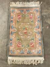 Vintage Green & Blue Woven Wool Floor Rug w/ Asian Floral Pattern. Measures 48" x 25" See pics.