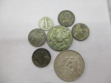 US Silver, Nickels wartime silver (4), Mercury dime, Franklin half and 1938 silver Mexican peso, 7 c