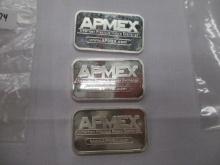 Silver one ounce bars APMEX 3 bars