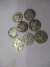 US quarters Barber 1914(3),1916,1916D(2), Standing Liberty 1926,1927, 9 total coins