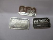 Silver one ounce bars APMEX 3 bars