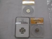 ANACS slab US Mercury dimes 1916S MS60 cleaned, 1937S MS65; NGC slab 1939 MS64, 3 coins