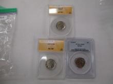 ANACS slab Buffalo nickels 1913 VAR1 AU55, 1937D AU58, PCGS slab 1938D MS65, 3 coins