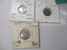 US silver half dimes 1837S no stars Liberty cap, 1853 w/arrows (2), 3 coins total