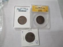 ANACS slabs Large cents 1848 VF20 cleaned/scratch, 1853 AU cleaned, Raw no Date, 3 coins