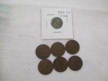 US obsolete coinage two cent coins 1864 (3), 1865 (3), three cent coin 1869, 7 coins