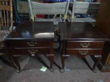 (2) Contemporary Mahogany Double Drawer Queen Anne Side Tables