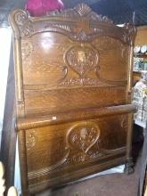 Early 1900s Oak High Back Bed with Cameo Face Head & Footboard with Rails