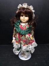 Porcelain Doll-Red Floral  and Lace Dress