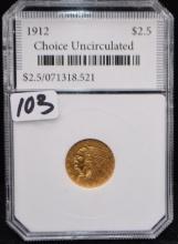 HIGH GRADE 1912 $2 1/2 INDIAN HEAD GOLD COIN