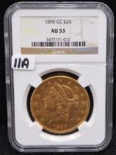 RARE 1890-CC $20 LIBERTY GOLD COIN - NGC AU53