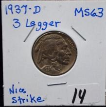 RARE KEY DATE 1937-D 3-LEG BUFFALO NICKEL