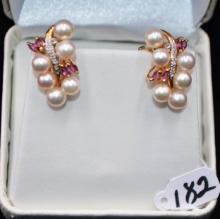 PAIR OF LADIES PEARL, DIAMOND & RUBY 14K EARRINGS