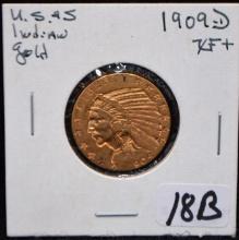 SCARCE 1909-D $5 INDIAN HEAD GOLD COIN