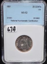 1891 SEATED LIBERTY QUARTER - NNC  MS62