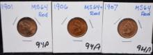 3 HIGH GRADE RED INDIAN HEAD PENNIES