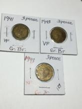 (3) 1940s Great Britian 3 Pence 1943, 1943, 1941