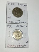 (2) Czechslovakia Coins 1921 20 Haleru,1922 1 Koruna