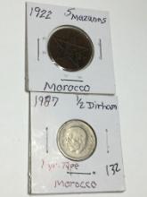 (2) Morocco Coins 1987( Minted 1 Year Only) 1/2 Dirham, 1922 5 Mazunas