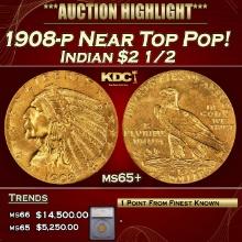 ***Major Highlight*** 1908-p Gold Indian Quarter Eagle Near Top Pop! $2 1/2 ms65+ SEGS (fc)