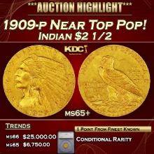 ***Major Highlight*** 1909-p Gold Indian Quarter Eagle Near Top Pop! $2 1/2 ms65+ SEGS (fc)