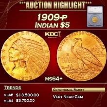 ***Major Highlight*** 1909-p Gold Indian Half Eagle $5 ms64+ SEGS (fc)