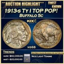 ***Major Highlight*** 1913-s Ty I Buffalo Nickel TOP POP!  5c ms68 SEGS (fc)