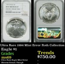 Ultra Rare 1994 Silver Eagle Dollar Mint Error  Roth Collection $1 ms69 NGC