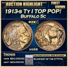 ***Major Highlight*** 1913-s Ty I Buffalo Nickel TOP POP!  5c ms68 SEGS (fc)