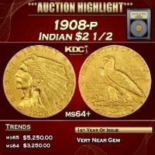 ***Major Highlight*** 1908-p Gold Indian Quarter Eagle $2 1/2 ms64+ USCG (fc)