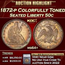 ***Major Highlight*** 1872-p Seated Half Dollar Colorfully Toned  50c ms64+ SEGS (fc)