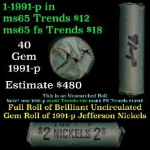 BU Shotgun Jefferson 5c roll, 1991-p 40 pcs Bank $2 Nickel Wrapper