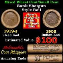 Small Cent Mixed Roll Orig Brandt McDonalds Wrapper, 1919-s Lincoln Wheat end, 1906 Indian other end