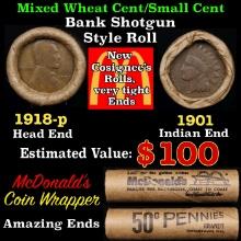 Small Cent Mixed Roll Orig Brandt McDonalds Wrapper, 1918-p Lincoln Wheat end, 1901 Indian other end