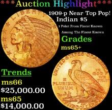 ***Auction Highlight*** 1909-p Gold Indian Half Eagle Near Top Pop! $5 GEM+ Unc USCG (fc)