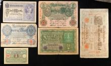 Lot of 6 1910s-1920s German WWI Era Banknotes, Various Dates & Denoms Grades