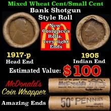 Small Cent Mixed Roll Orig Brandt McDonalds Wrapper, 1917-p Lincoln Wheat end, 1905 Indian other end