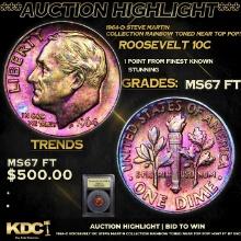 1964-d Roosevelt Dime Steve Martin Collection Rainbow Toned near Top Pop! 10c Graded GEM+++ FT By US